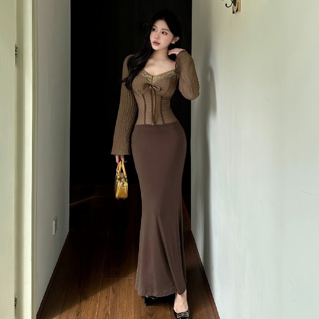 ロングワンピース バックリボン レース レトロ 気質溢れる ブラウン S M L