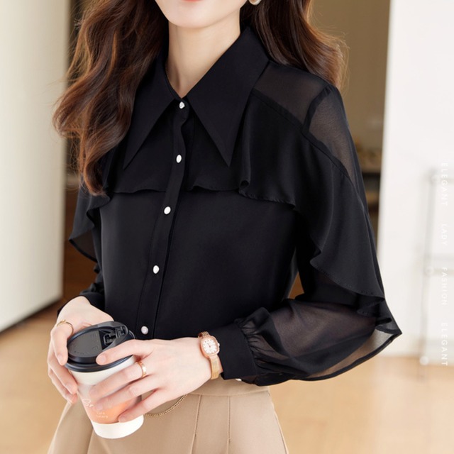 シアー＆フリル袖シフォンシャツ Me0692