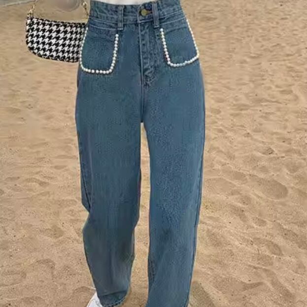 ガーリーパールストレートデニム