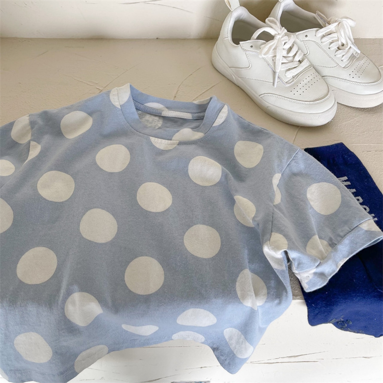 夏リネン水玉柄ゆったり半袖Tシャツ