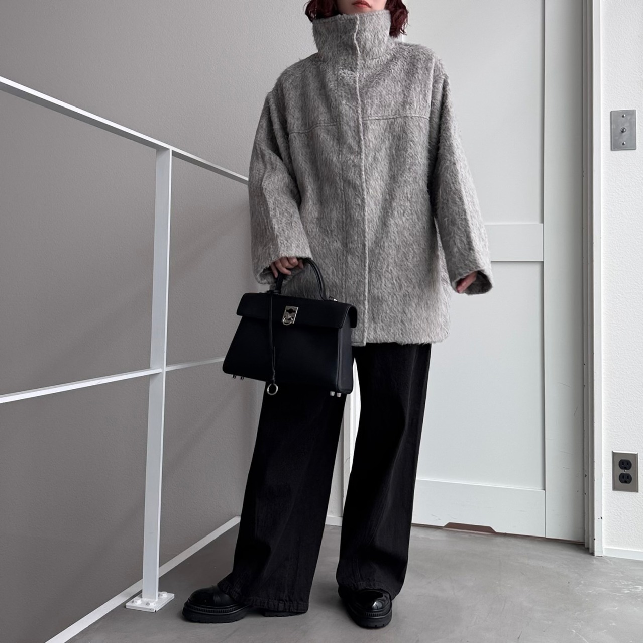 スタンドカラーシャギーミドルCO/グレージュ