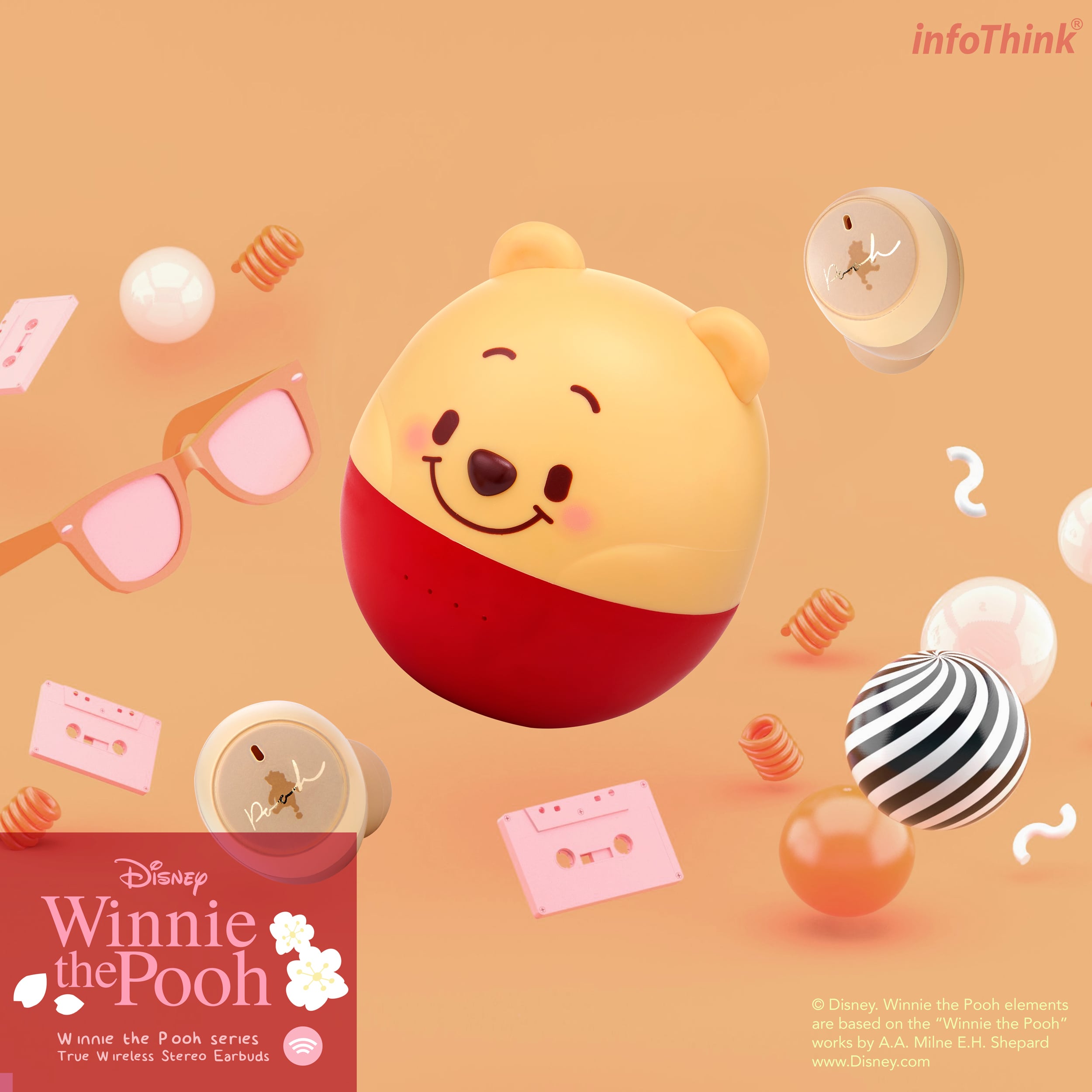 InfoThink【Disney公式】 ワイヤレスイヤホン ノイズキャンセリング True Wireless Stereo Bluetooth  Earbuds Earphone ディズニー Disney くまのプーさん Winnie the Pooh iTWS100-Winnie02