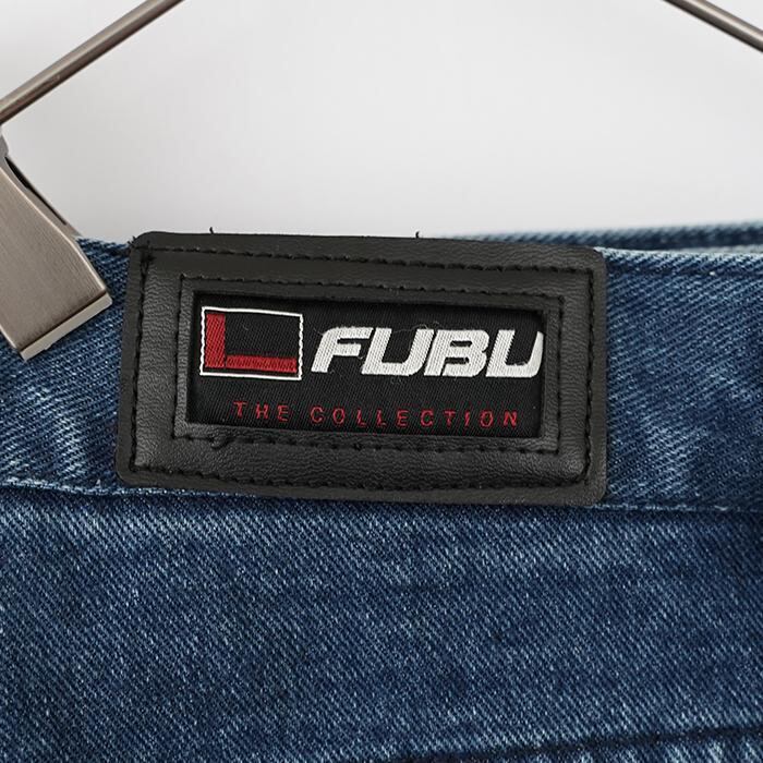 90s W38 FUBU フブ ロゴ刺繍 極太カーゴパンツ デニム ブルー 青 | fuufu