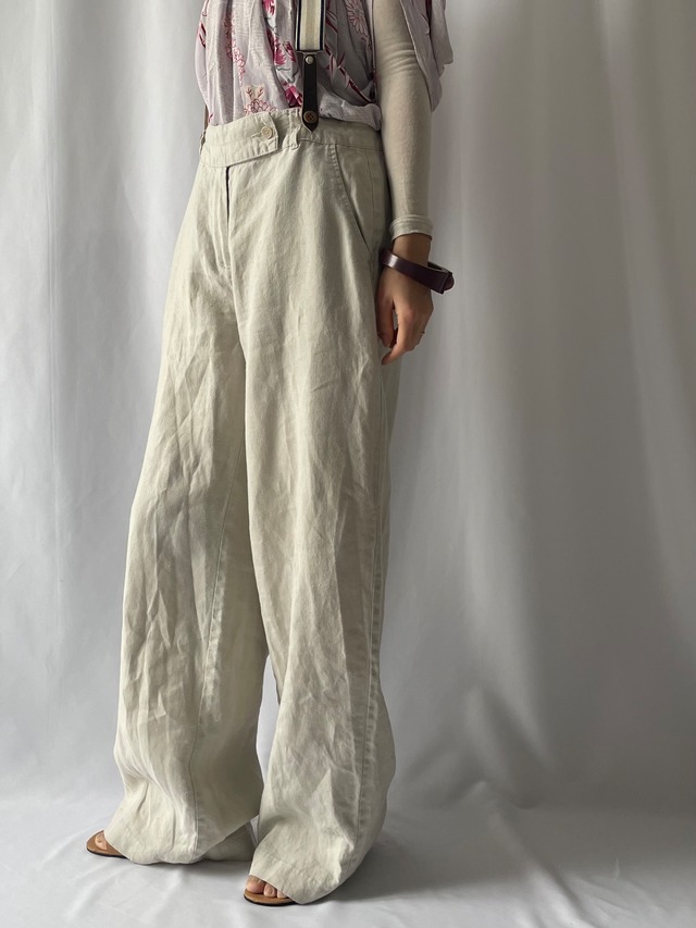 Ivory linen wide slacks with suspender