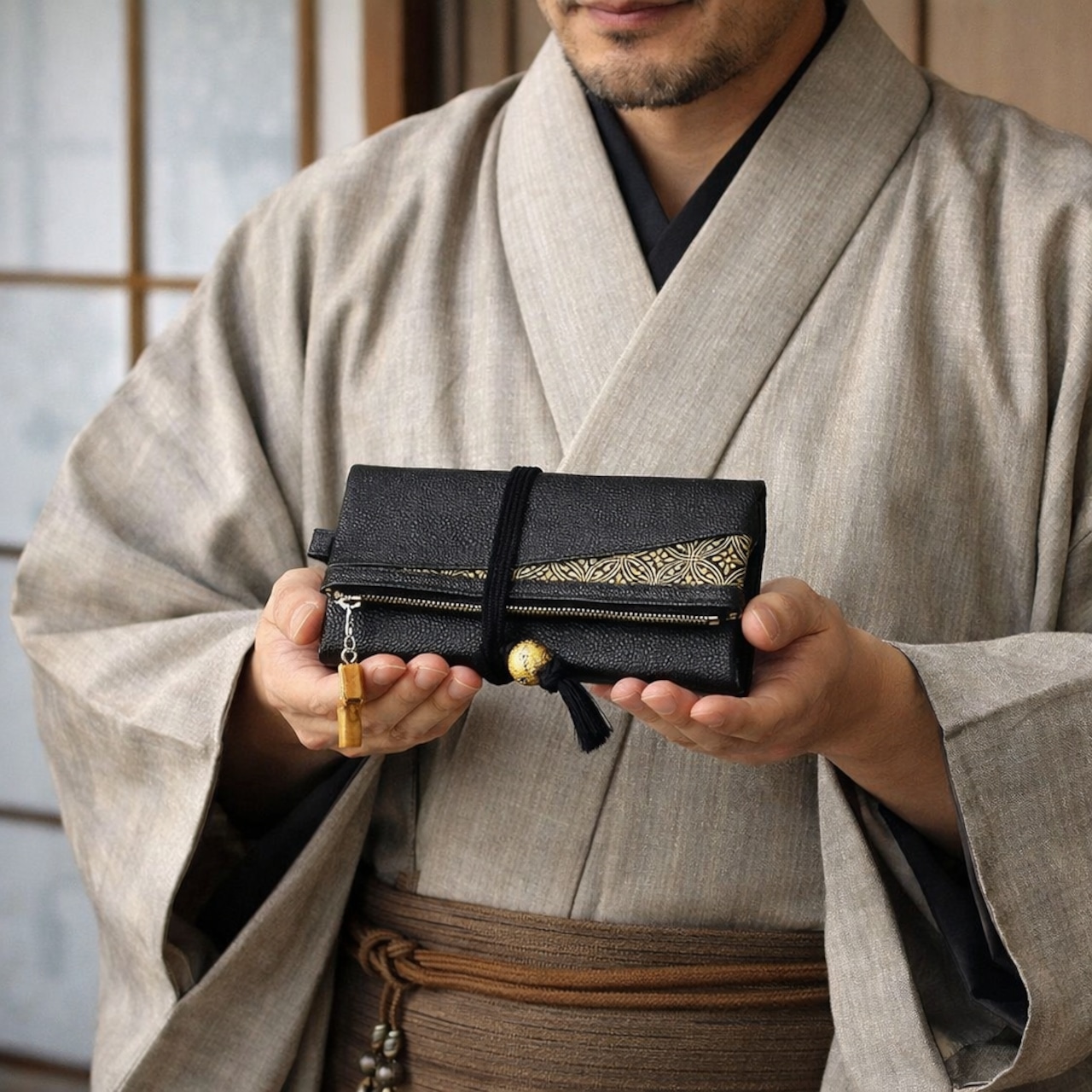 オーダー 京都 本革製道中財布 姫路黒桟革×金糸織帯地黒色製 「七宝 金