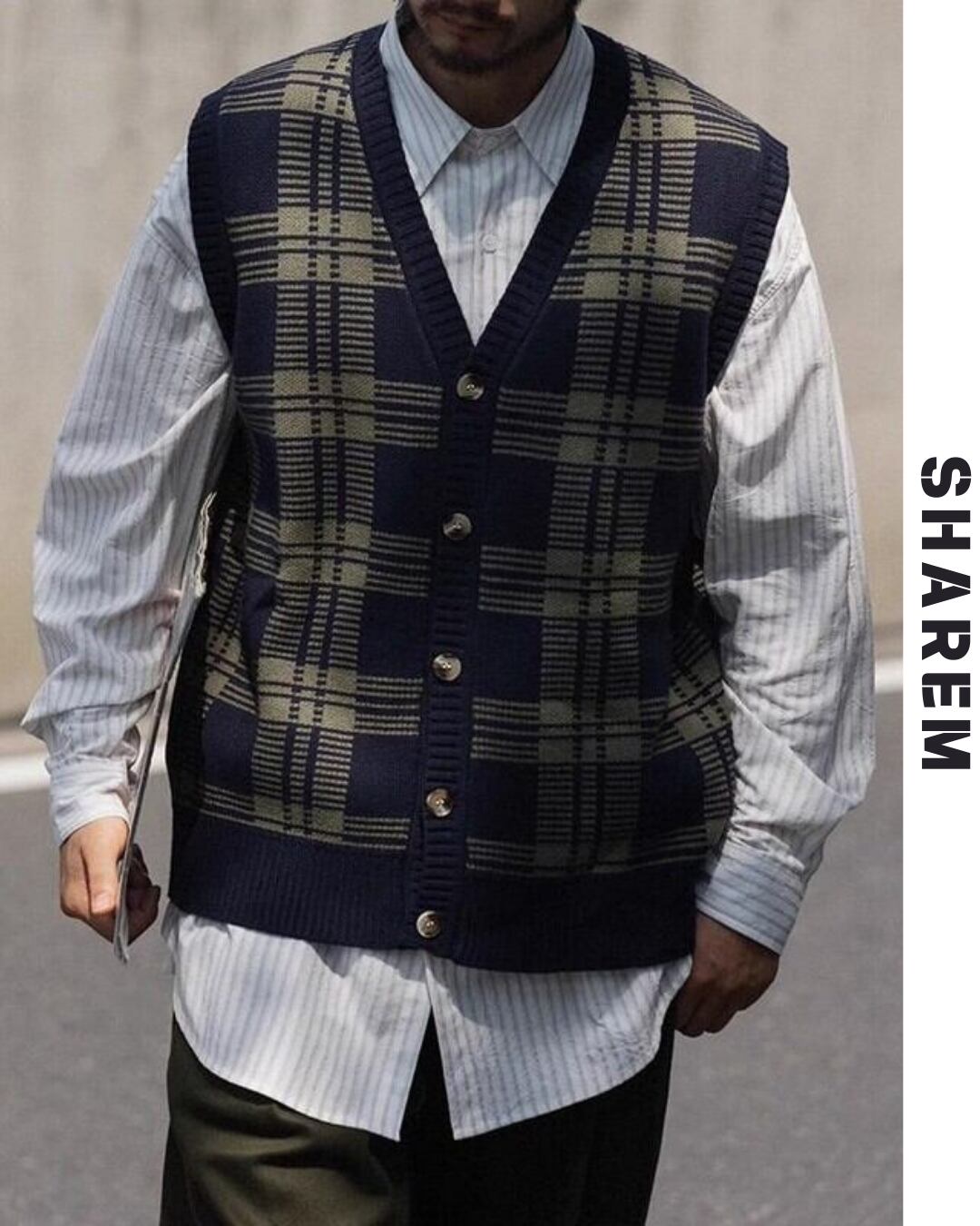 plaid contrast color V-neck vest B0108