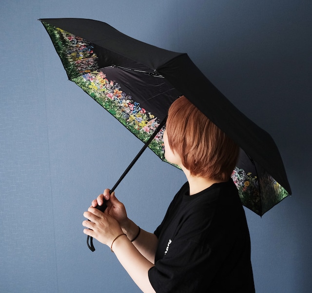 花の楽園 ボタニカル柄(ブラック) 晴雨兼用 折りたたみ傘・日傘（内側プリント・外側ブラック）