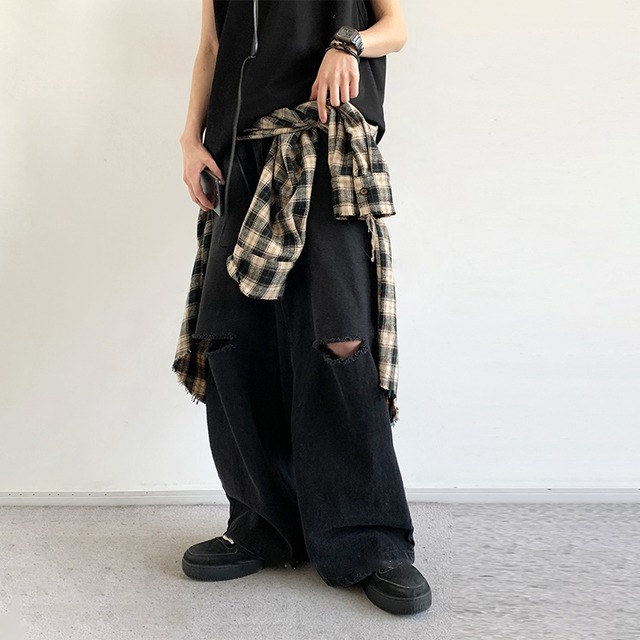 jiwuus黒色ダメージデニムパンツ
