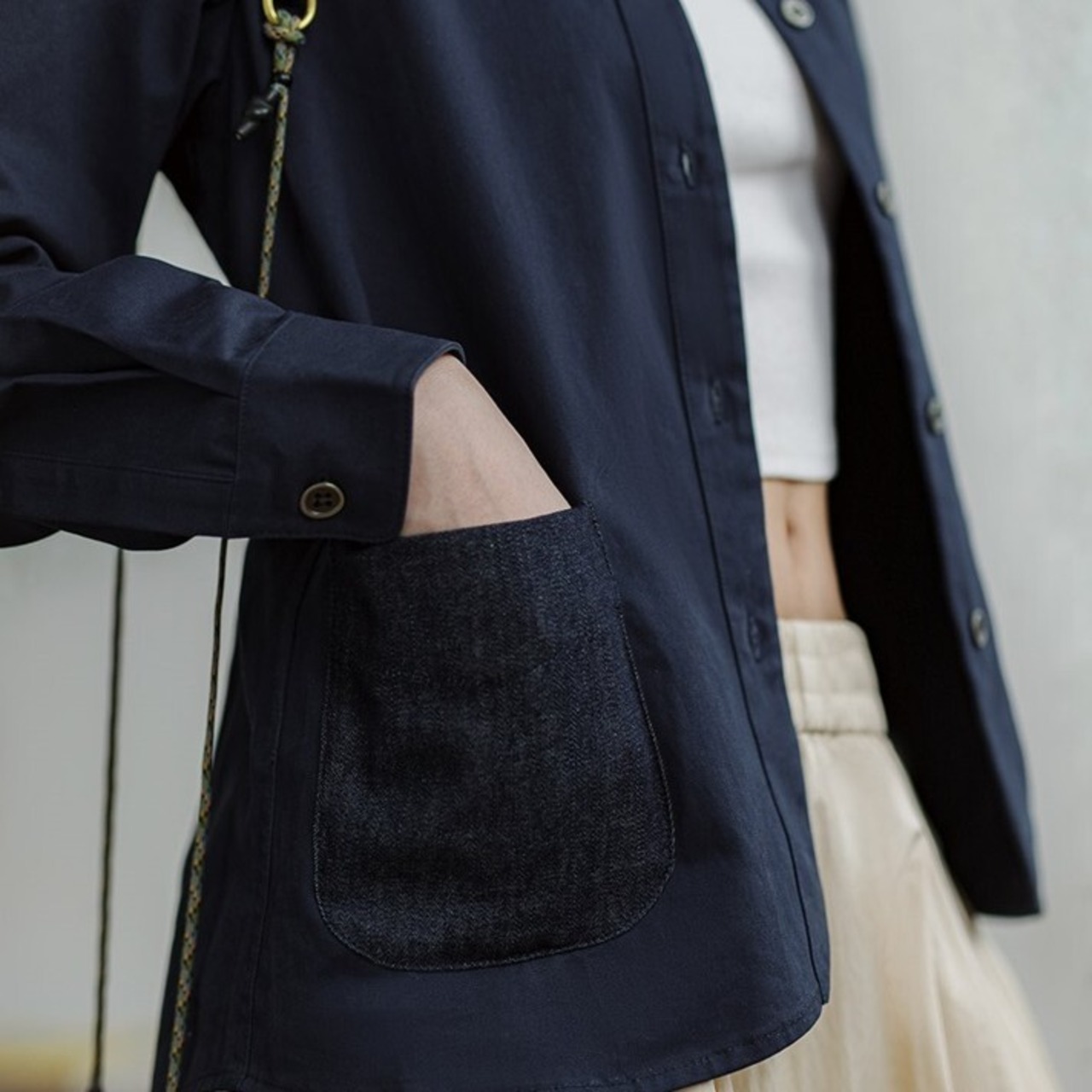 Navy Pocket Patchwork Shirt / ネイビー ポケット パッチワーク シャツ
