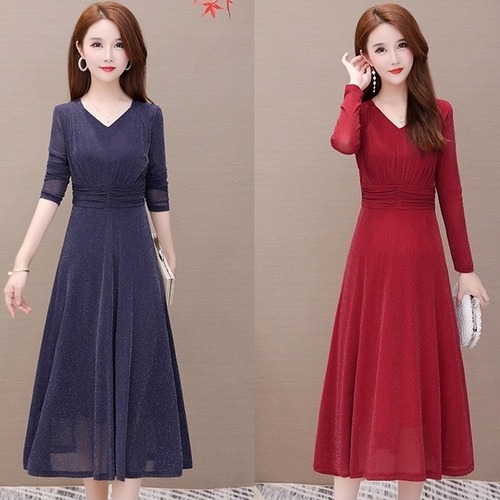 ドレス ワンピース ミモレ丈 Aライン ハイウエスト ラメ 長袖 Vネック タックワンピ スリム シンプル エレガント きれいめ フォーマル カジュアル 秋冬 レディース　BADA0131