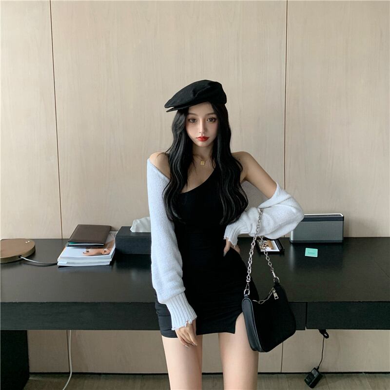 スラントショルダーブラックチューブトップストラップドレス女性初秋セクシータイトフィットヒップスカート2020新気質スカート ブラックストロベリース34820145971