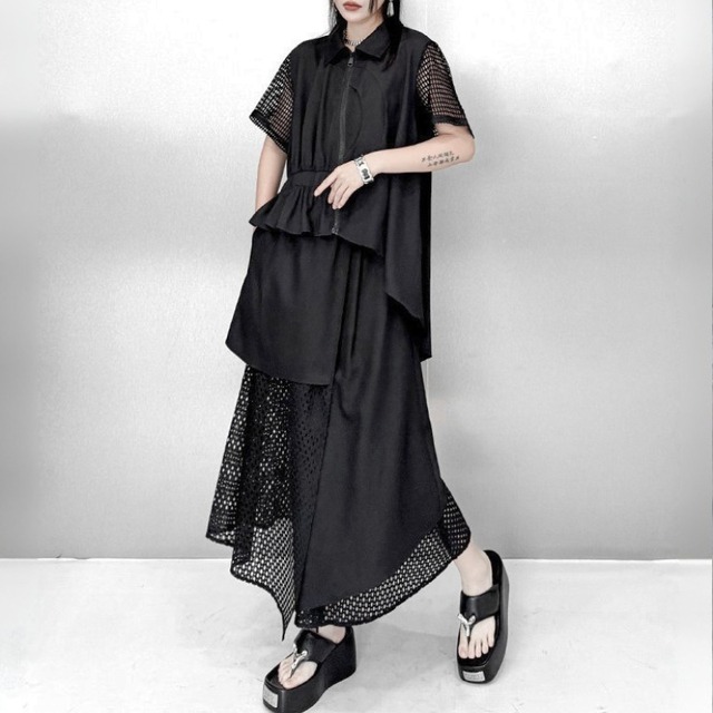 Asymmetric mesh sleeve shirt C1561