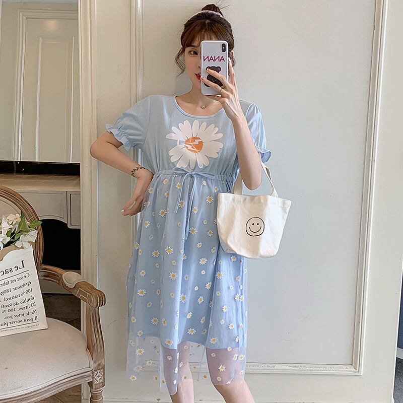 【新作】【送料無料】 マタニティウェア2020夏の新しい小さな菊のメッシュの偽のツーピースドレス、年齢を減らすミドル丈のマタニティドレス-アリババ サマー 夏物 expec2414617239