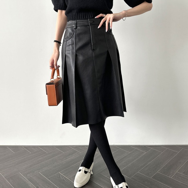 PU Leather Panel Pleat Midi Skirt　ch0204