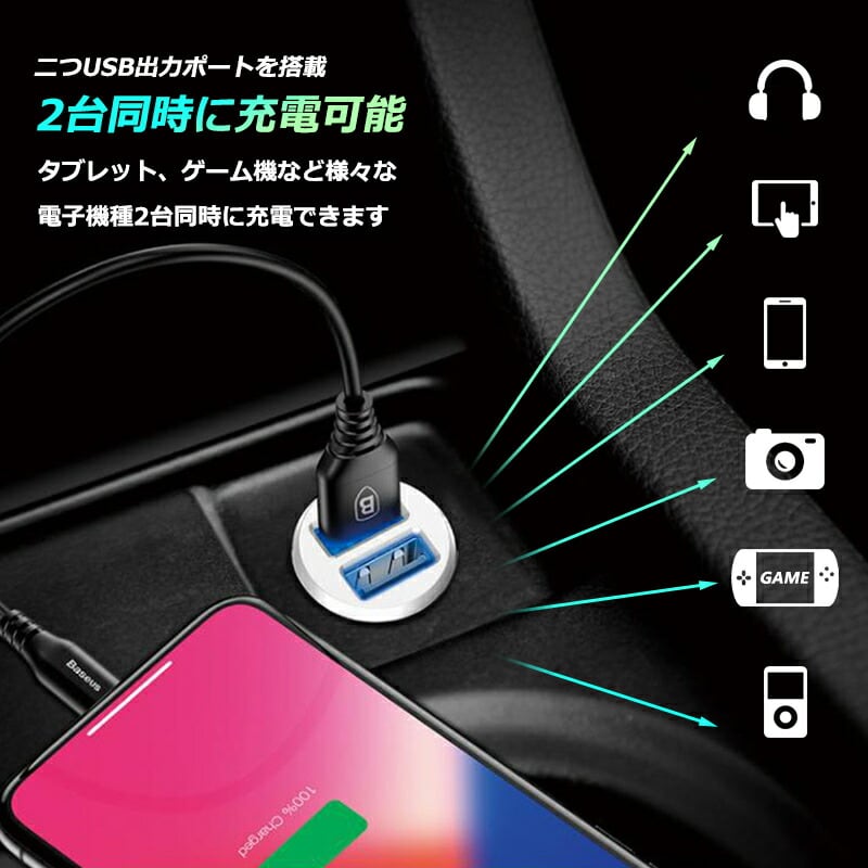 USB シガーソケット 4.8A急速充電 超小型２ポートUSB 12ｖ 24ｖw