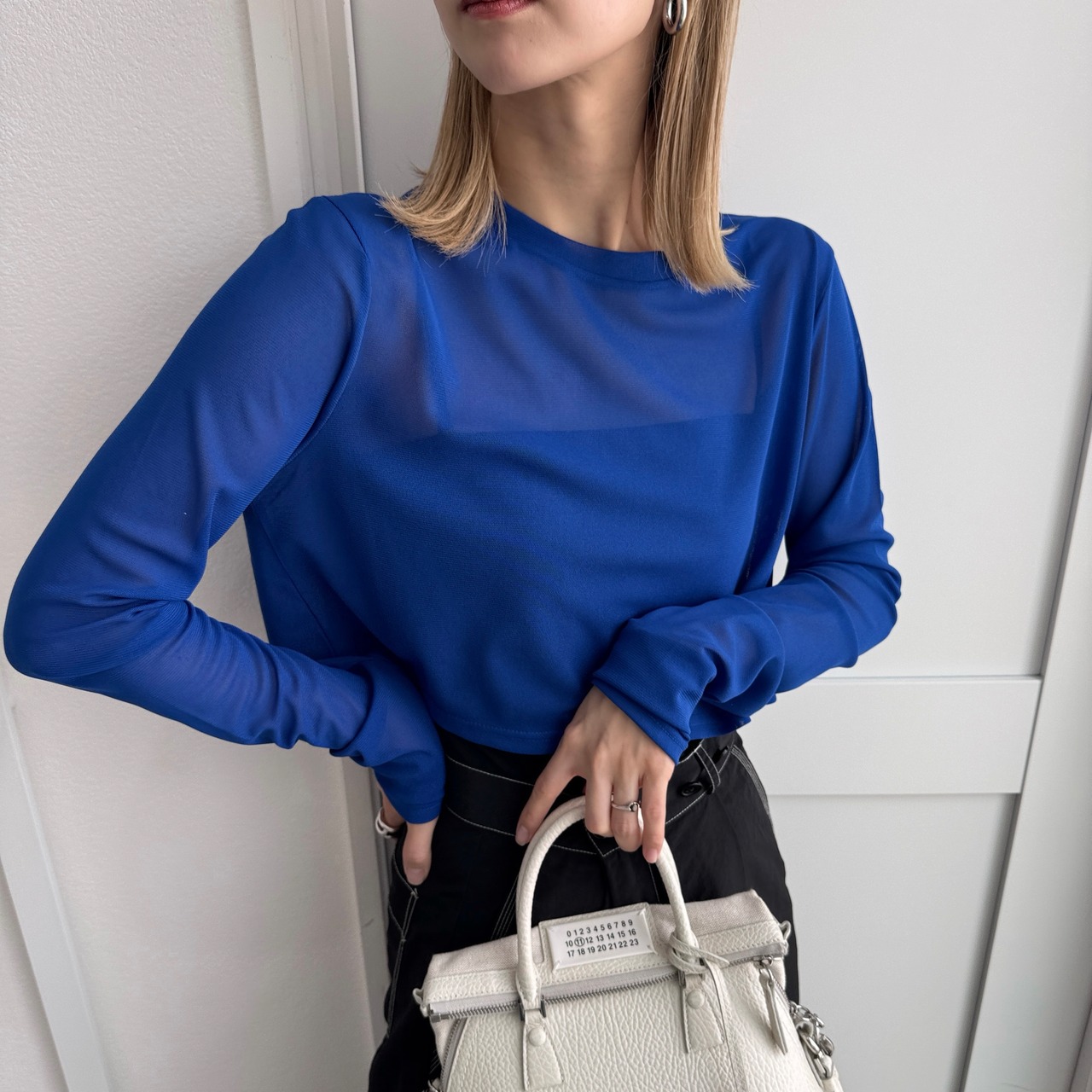 crew neck tulle sheer short tops/bule