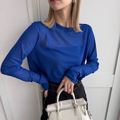 crew neck tulle sheer short tops/bule