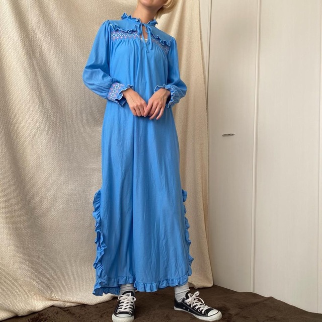 ワンピース ドレス ネグリジェ 古着 水色 フリル カナダ製 S 12282