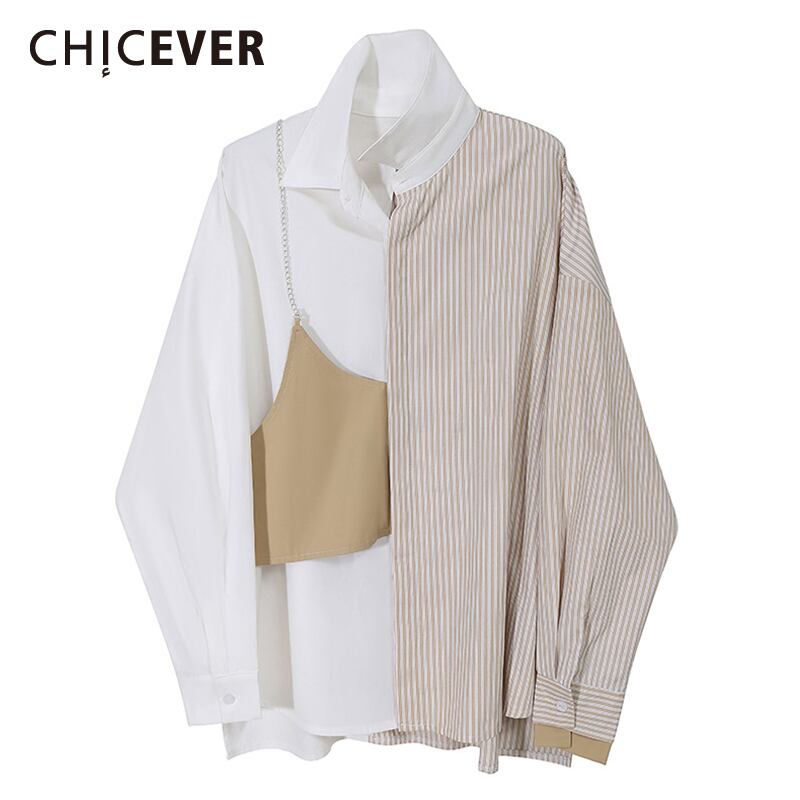 CHICEVERシャツレディースラペル長袖ストライプヒットカラーパッチワークベストブラウス2021秋 ロング オータム 秋物 6base529017651136