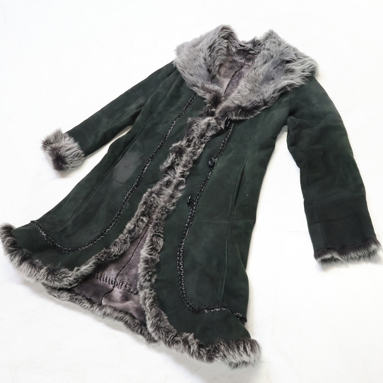 【レディースファッション】グリーン GRES PARIS グレ モッズコート 毛皮コート 羊革 緑 スウェード ファー 冬服 ダッフル