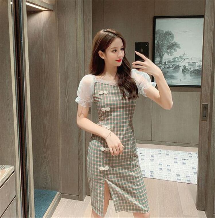 ★韓国大人気 デザイン★夏 スリム 気高い チェック柄 ワンピース スクエアネック パフスリーブ