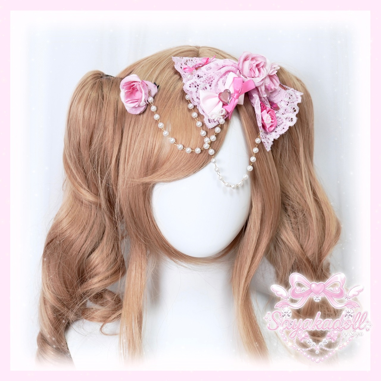 ♡【全2色】姫GAL ピンクローズ&パールチェーン レースリボンダブルヘアクリップ pink ♡