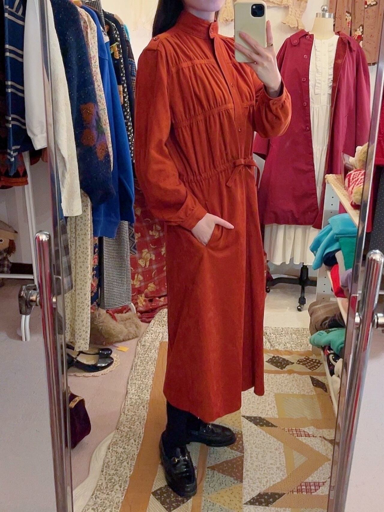 dark orange gather ribbon one-piece