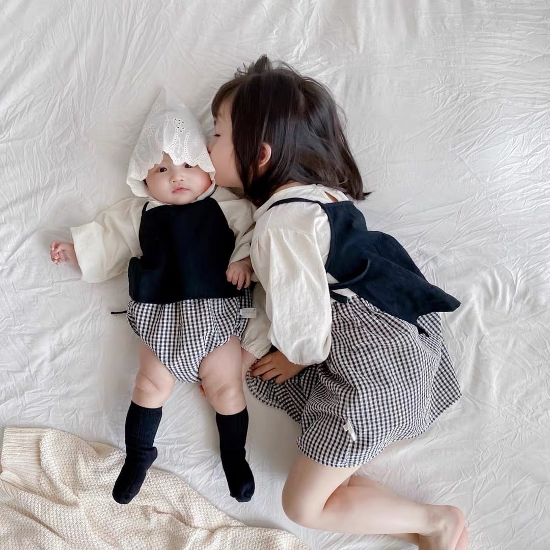 ,ベビー女の子チェック柄ロンパースセットアップ 姉妹お揃い lwb0065