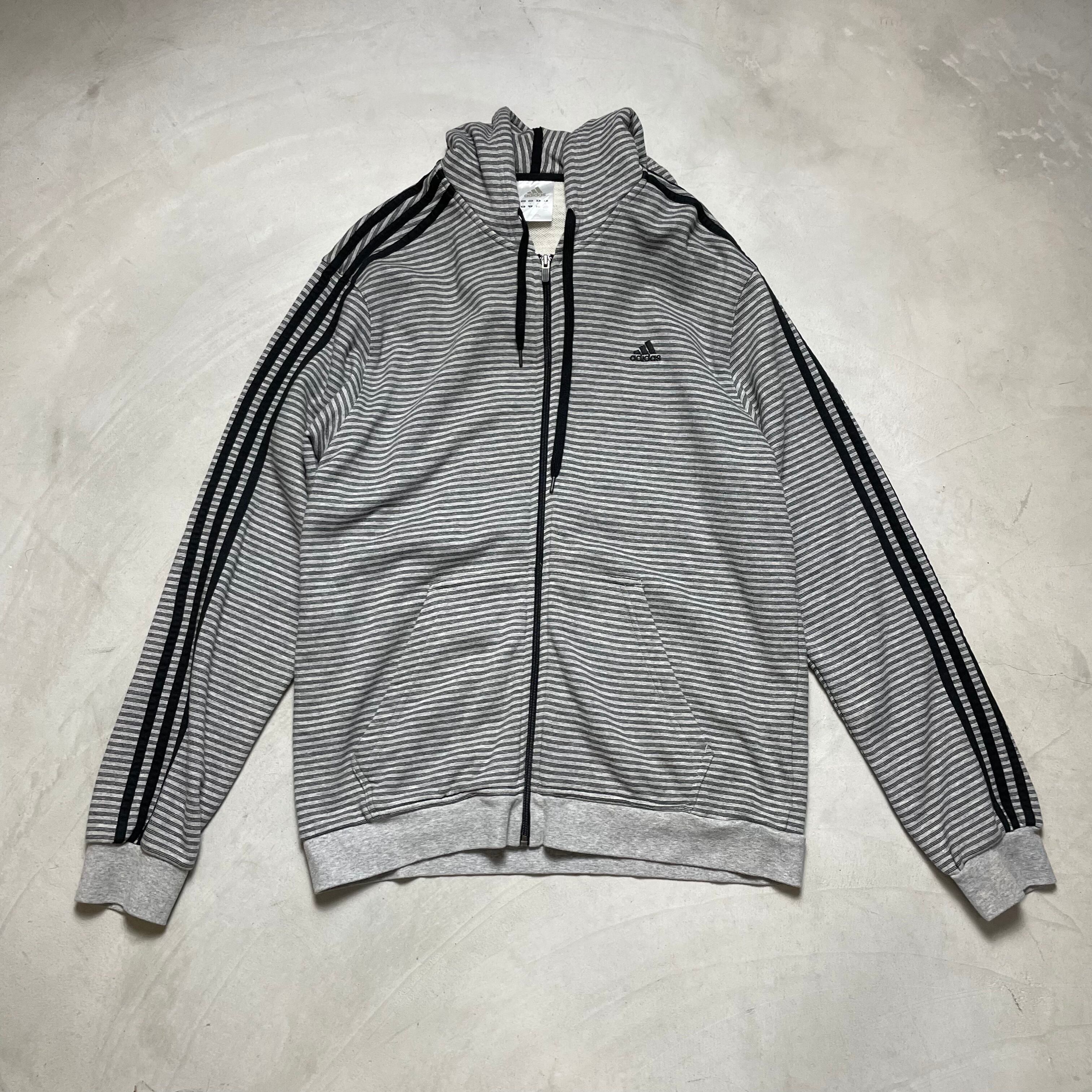 adidas アディダス フルジップ パーカー メンズXL 古着 スウェットパーカー ブラック 白 黒色【パーカー】