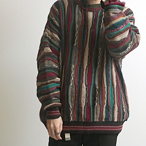 90s~ idea uomo 総柄 ”coogi style” 3D ニット セーター 古着 used ブルガリア製