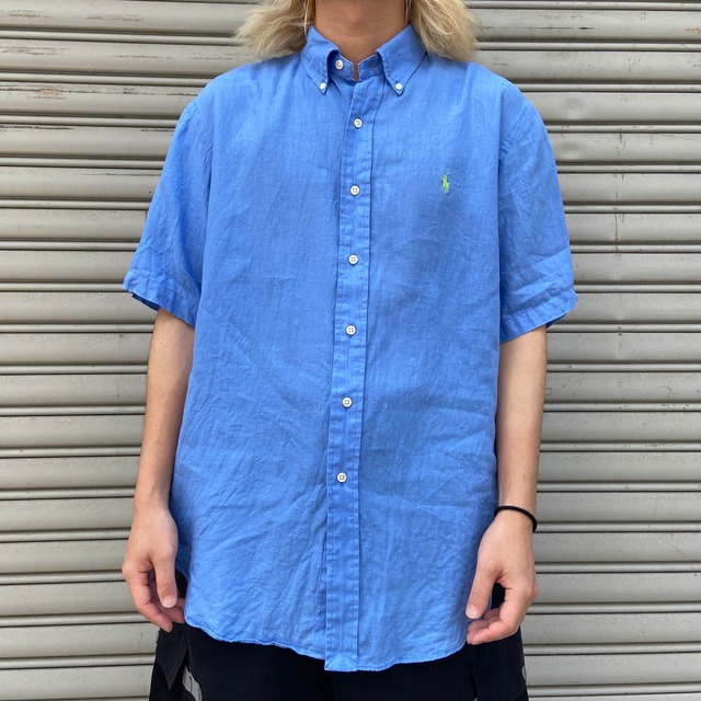 Ralph Lauren 半袖リネンシャツ クラシックフィット ブルー L