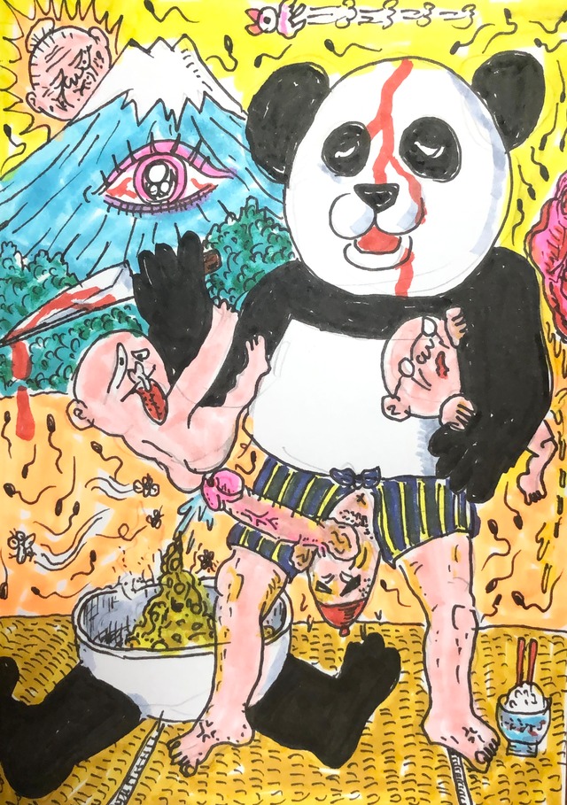 原画・着色ドローイング 「着ぐるみを脱いだパンダの中はあの逆さ男だった。」
