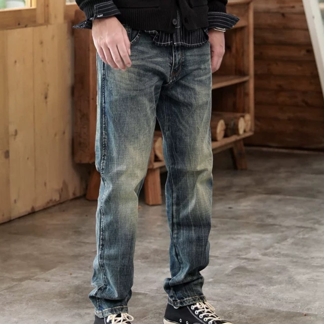 ヴィンテージ加工 テーパードシルエット ミドルライズパンツ 00139