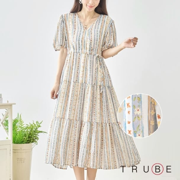 ティアードワンピース 小花 ボタニカル バーティカルストライプ Vネック N82-797 TRUBE アイボリー ミセス M L fmsd ゆったり 体型カバー 大人カジュアル きれいめ 半袖 上品 ミセス 春夏