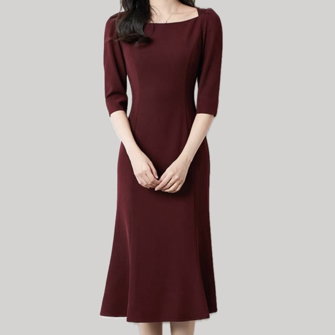 Wine red boat neck three quarter mermaid line dress 00183