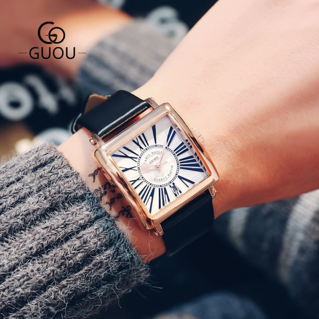 GUOU 腕時計 メンズ レディース 男女兼用 ユニセックス ウォッチ アクセサリー かわいい おしゃれ ゴールド ブレスレット 四角形 カレンダー8093