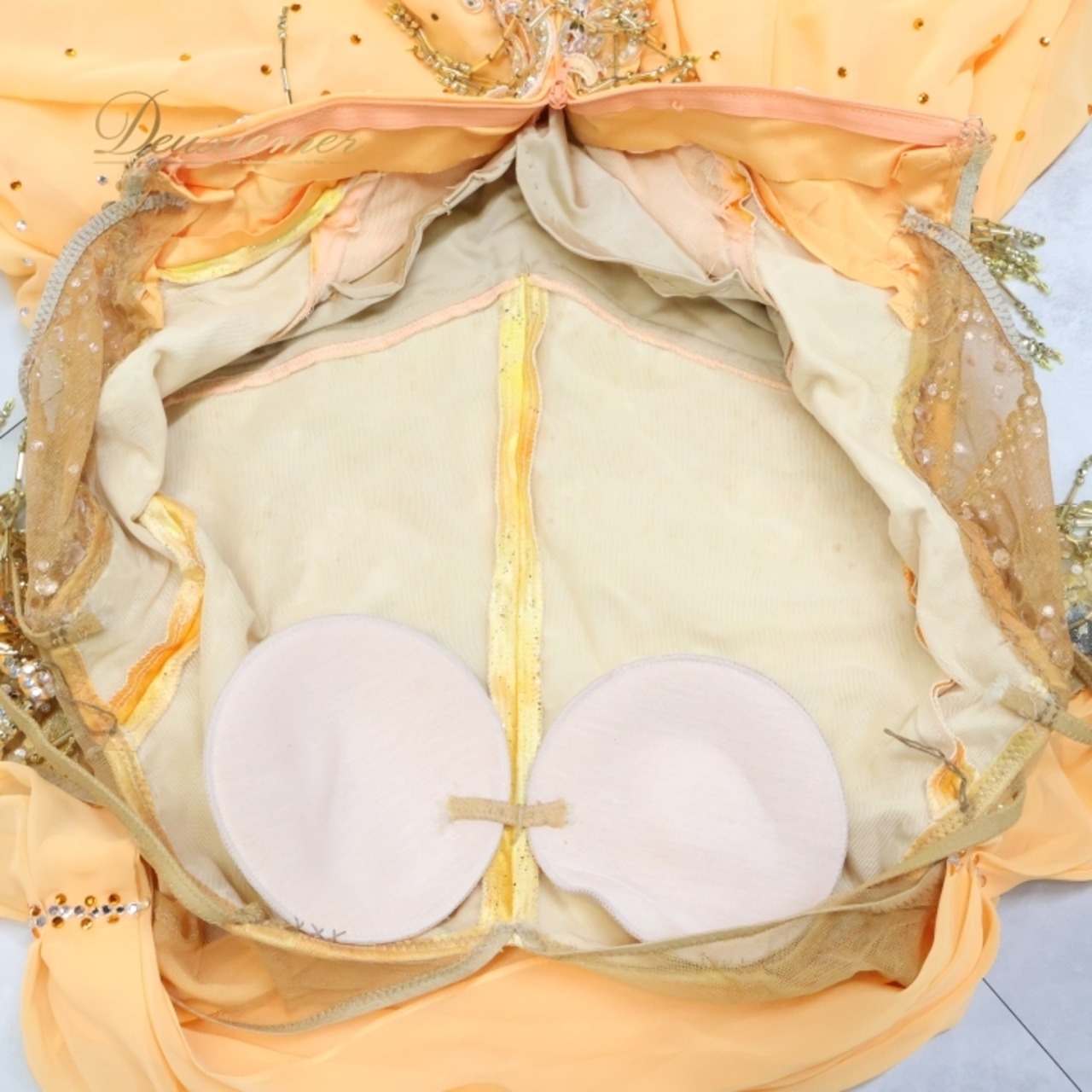 社交ダンス 衣装 スタンダードドレス ワンピース スタンダード フロート レース デモ 競技 ダンス パーティ 発表会 黄色 オレンジ 落ち感 明るい オレンジ系 イエロー系 フリンジ 豪華 軽量 シフォン おしゃれ 可愛い ふんわり カラフル ダンスウェア フェスティバル パフォーマンス