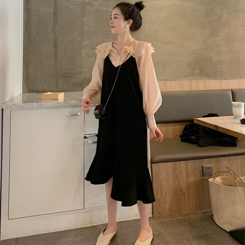 シフォンシャツ オータムスタンダードブラックドレス ロング レトロ 秋物 ピュア ガールズファッション75898087526