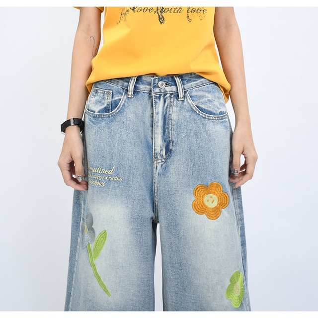 フラワーパッチクロップドデニムパンツ 2col   R02404