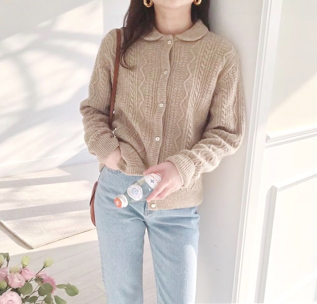 丸襟ツイストケーブルニットカーディガン