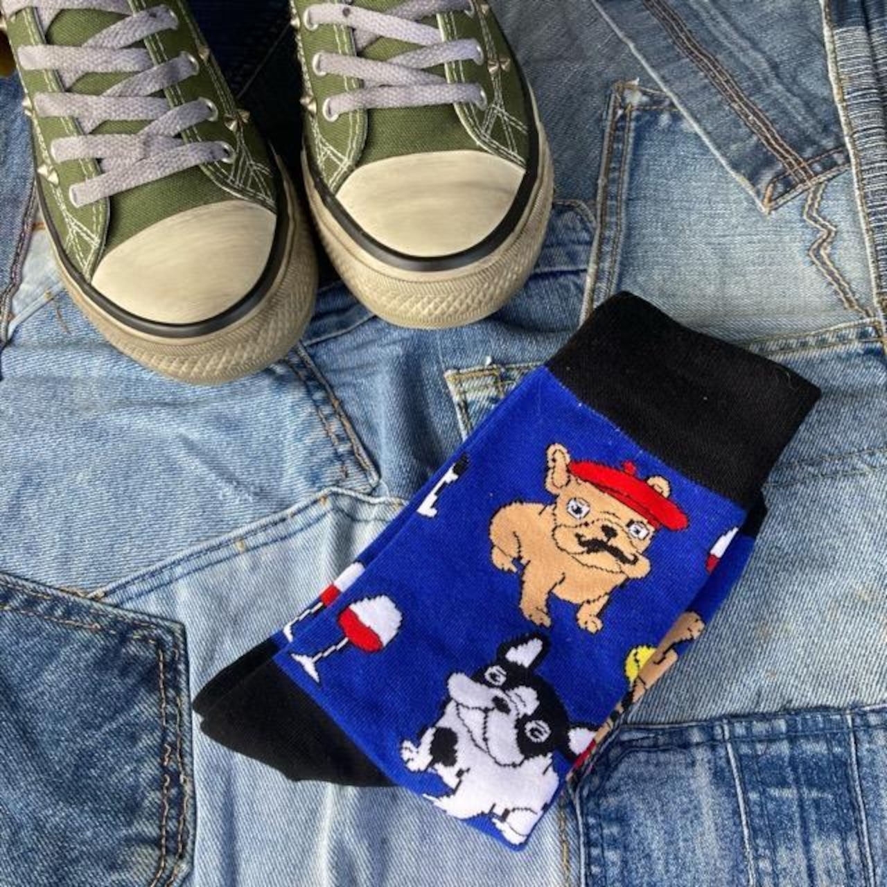 TOPANGA SOCKS Men's　パリっ子フレブルソックス　ブルー　靴下　フレンチブル ドッグ　フランス　クルーソックス