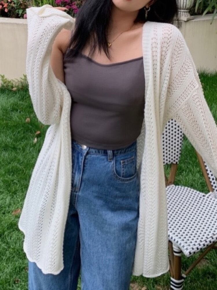 さらっと羽織ってスタイルアップ! シースルーニットカーディガン 透け感 大人カジュアル シンプル 軽やか 羽織り スタイリング 大きいサイズ 韓国 CH9907