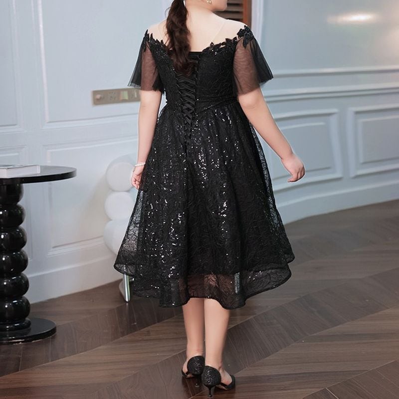 3XL〜7XL】スパンコールオーガンジーミディ丈ドレス D1613 | 演奏会