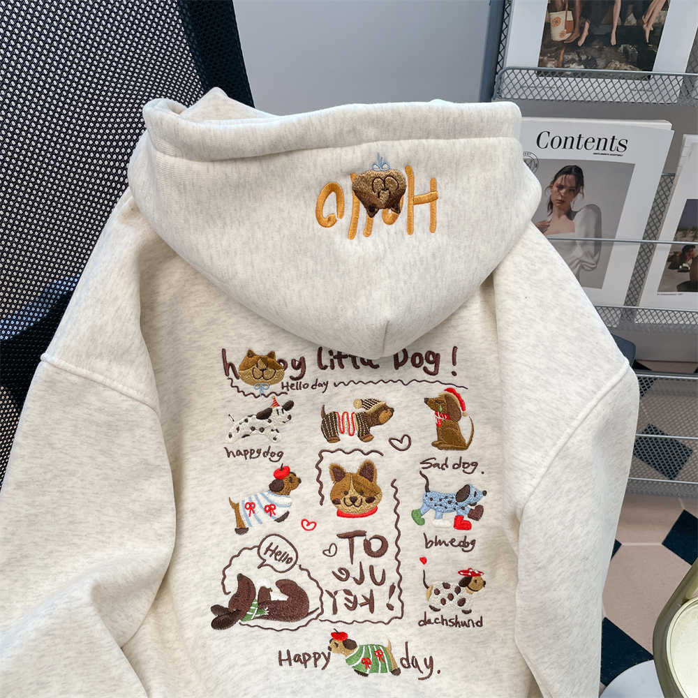 2025新作 パーカー 犬柄 長袖 裏起毛 刺繍 かわいい 体型カバー 着回し