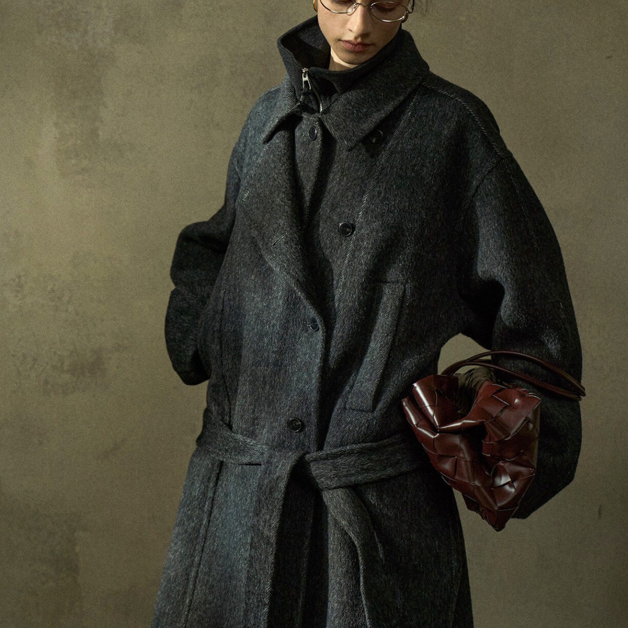 Stand Collar Belted Wool Coat  T4247