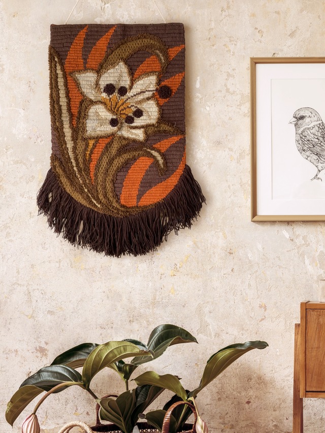 70's ボヘミアン 花柄 フリンジ付き ヴィンテージ ラッチフックタペストリー 壁飾り