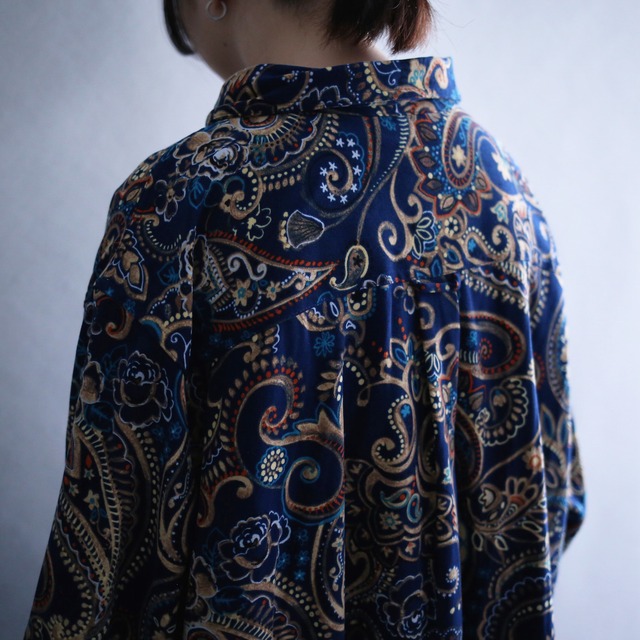 XXXX super over size blue base paisley pattern wide silhouette fake suede shirt