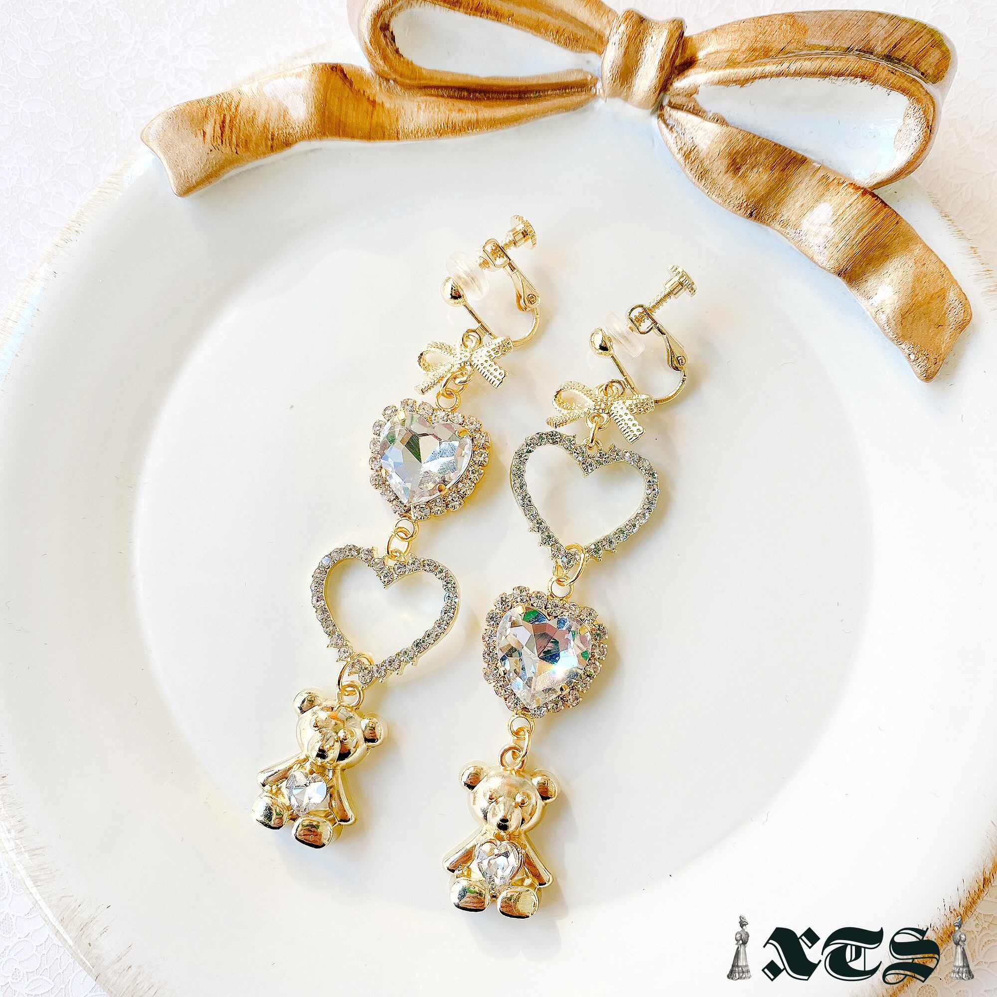Clear Heart & Bear Earring【TS0228】