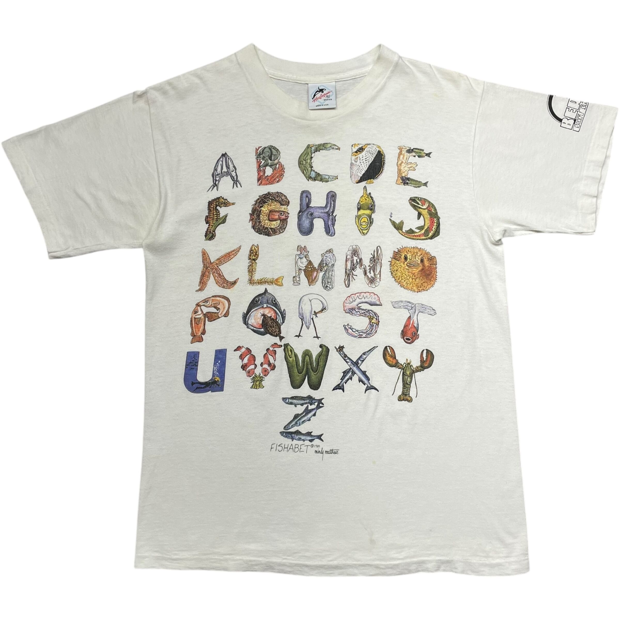 《M》Harlequin Tシャツ 海の生き物 アルファベット プリント シングルステッチ ホワイト USA製 80年代 vintage no.7096