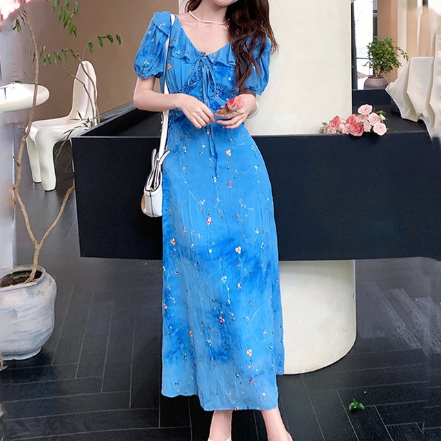 ワンピース 花柄 ペプラム リボン 刺繡 カジュアル ブルー S M L XL 2XL
